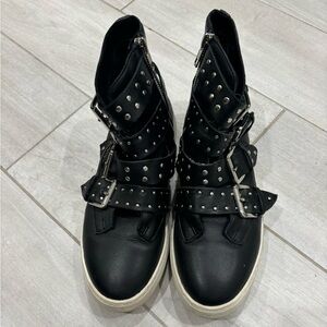 J Slides Leather Studded Buckle Sneakers, size 8